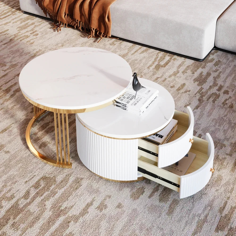 Café Tables, Modern 2 Piece White Round Nested Coffee Table with Drawers