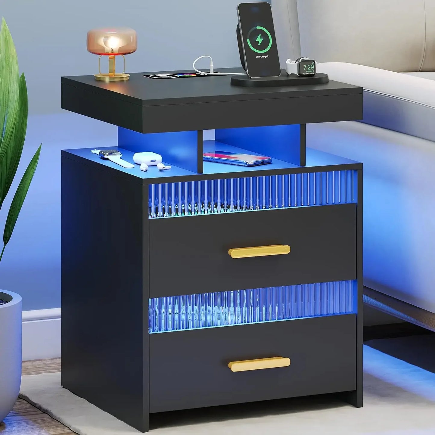 Table Smart Nightstand With Charging: Modern Night Stand With Drawers