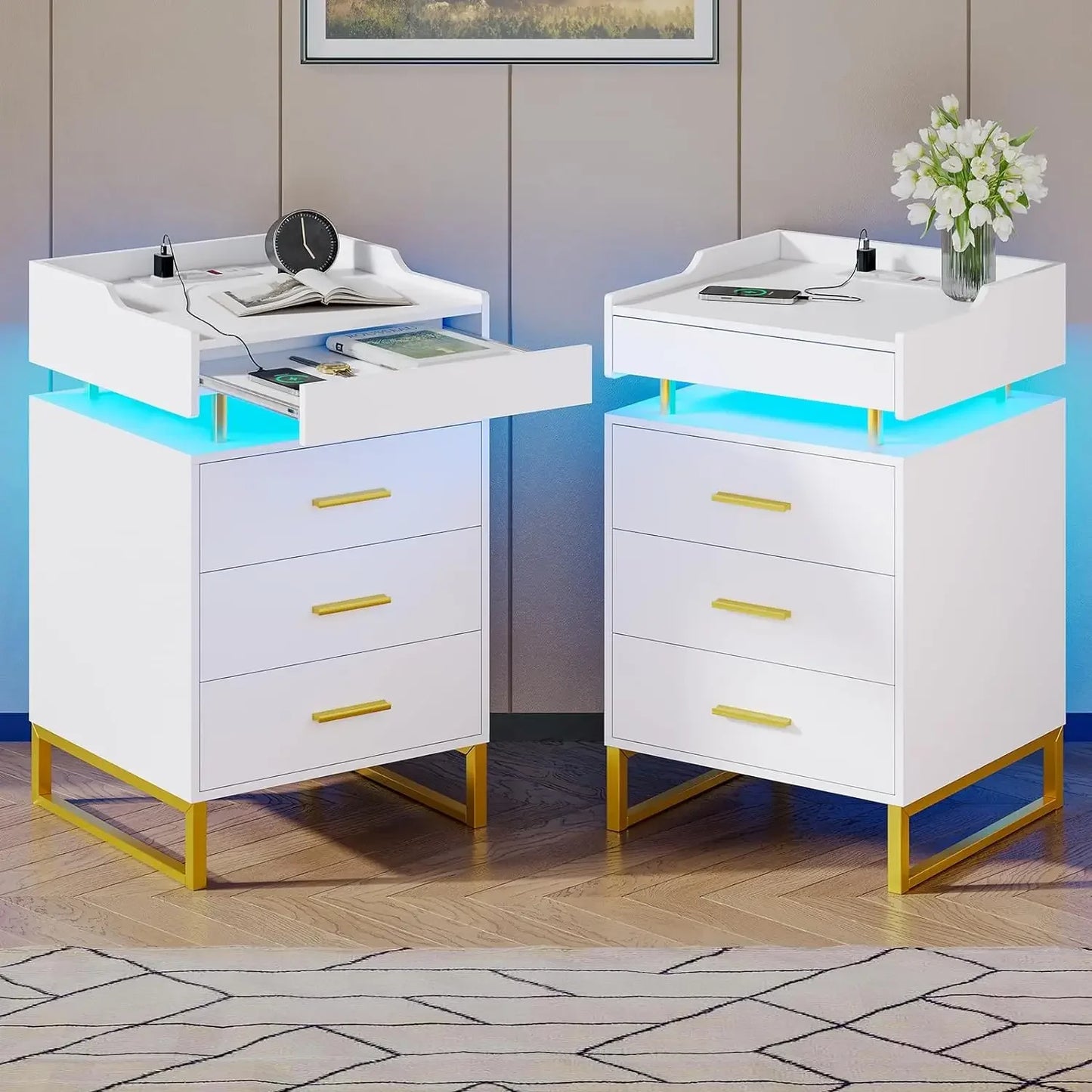 Modern End Table With Storage Home Furniture Bedside Table With LED Lights & Metal Legs Mobile Bedside Tables for the Bedroom