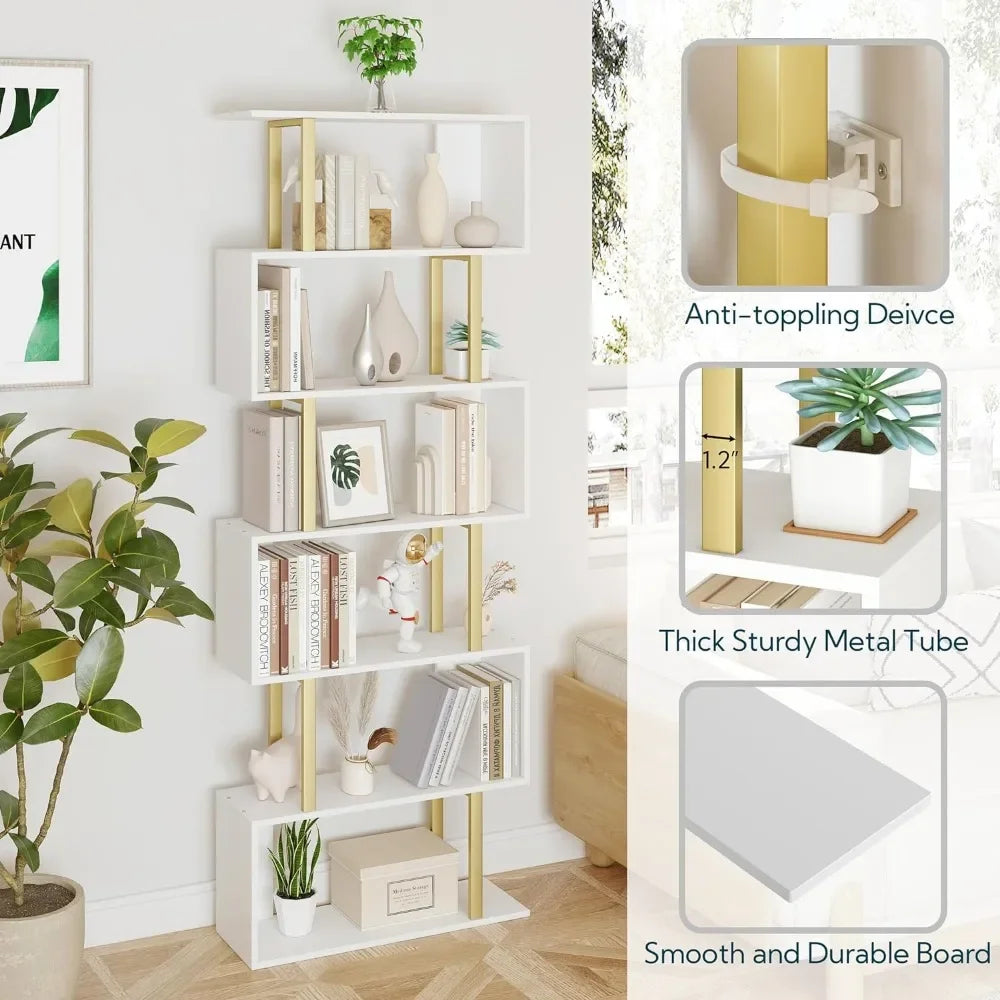 Display Shelf Tall Book Case for Home Office Gold and White Geometric Bookcase Room Wall