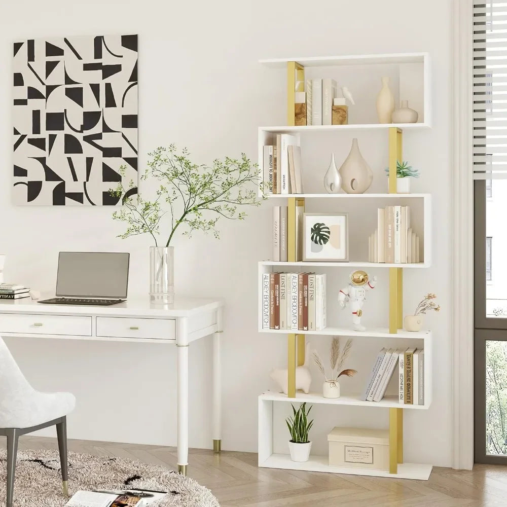 Display Shelf Tall Book Case for Home Office Gold and White Geometric Bookcase Room Wall