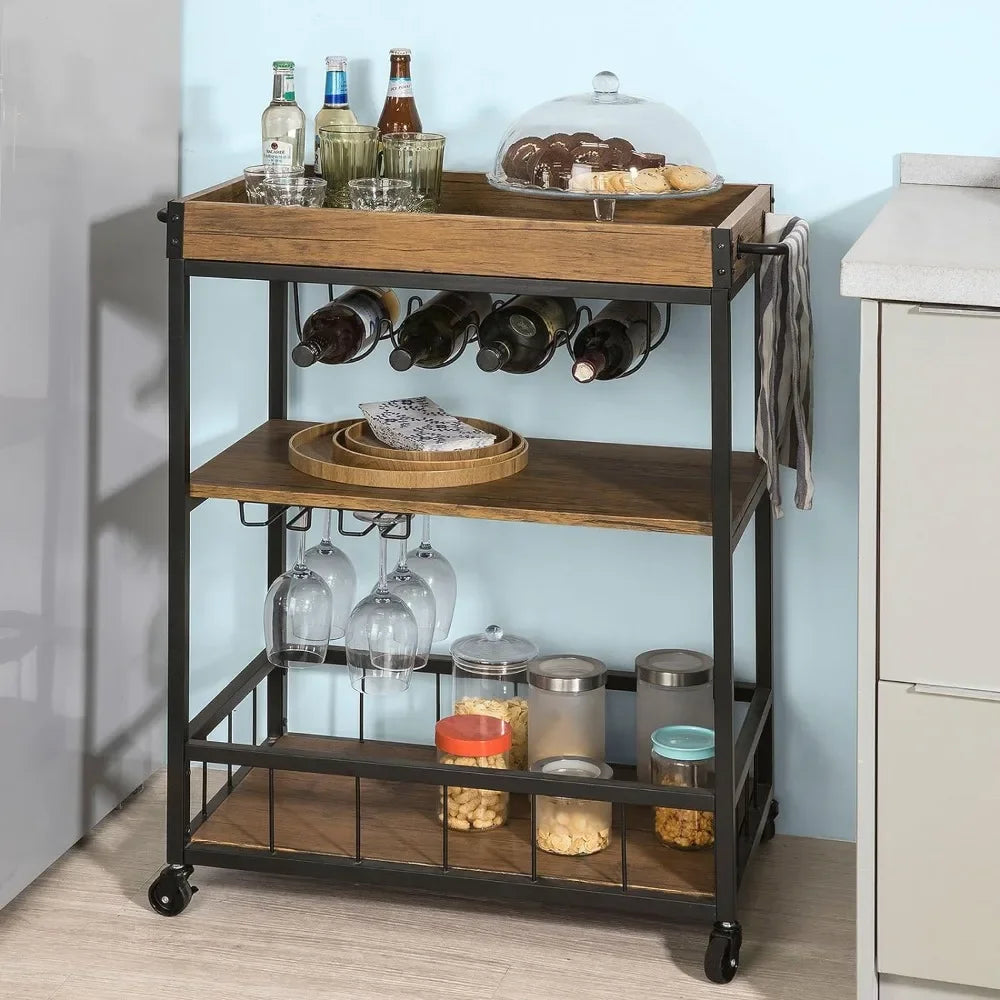 Kitchen Island, Mobile Kitchen Service Cart with Removable Tray, Industrial Vintage Style Wood Metal Kitchen