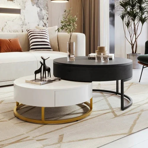 Café Tables, Modern 2 Piece White Round Nested Coffee Table with Drawers