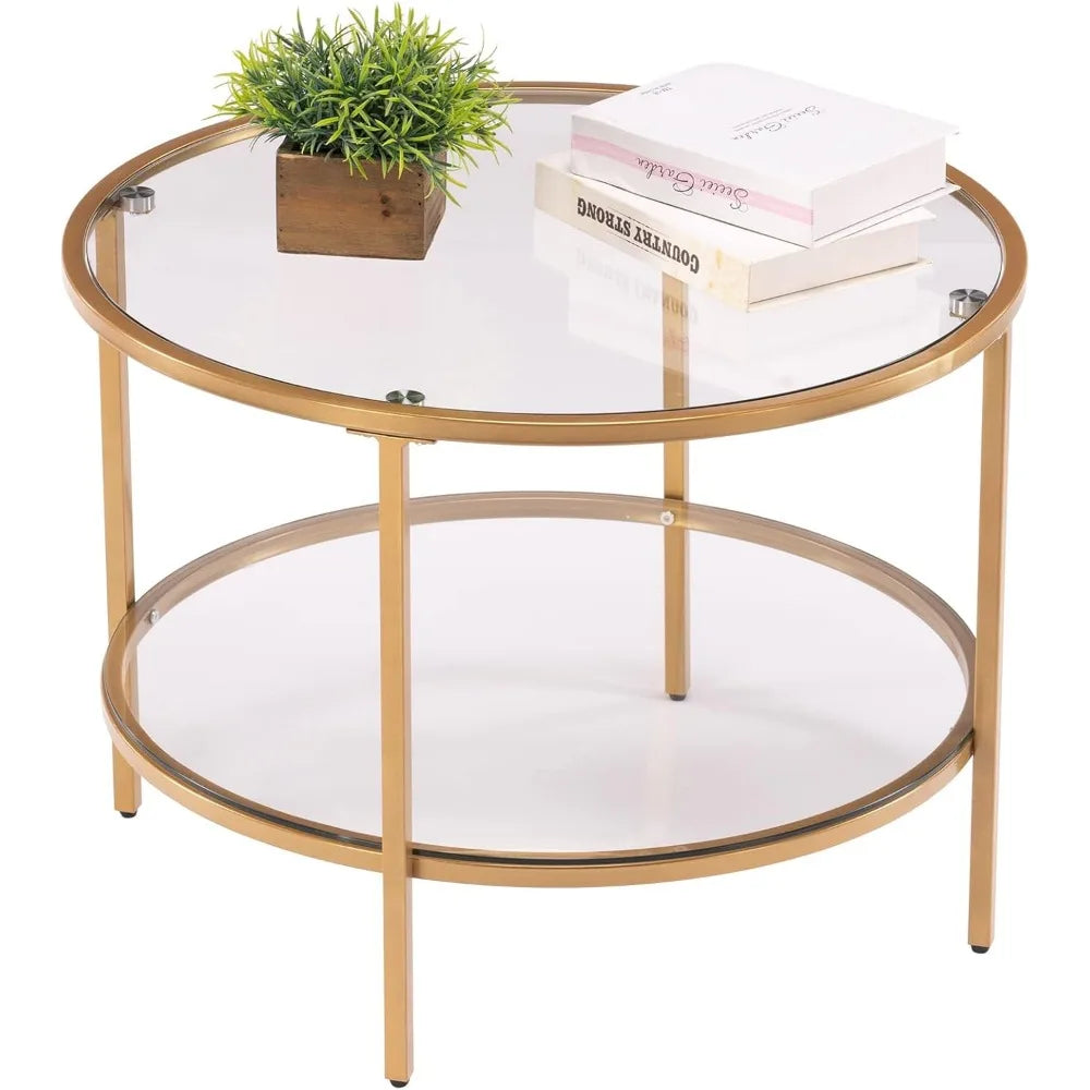 Round Gold Living Room Coffee Table with Storage Compartment Transparent Coffee