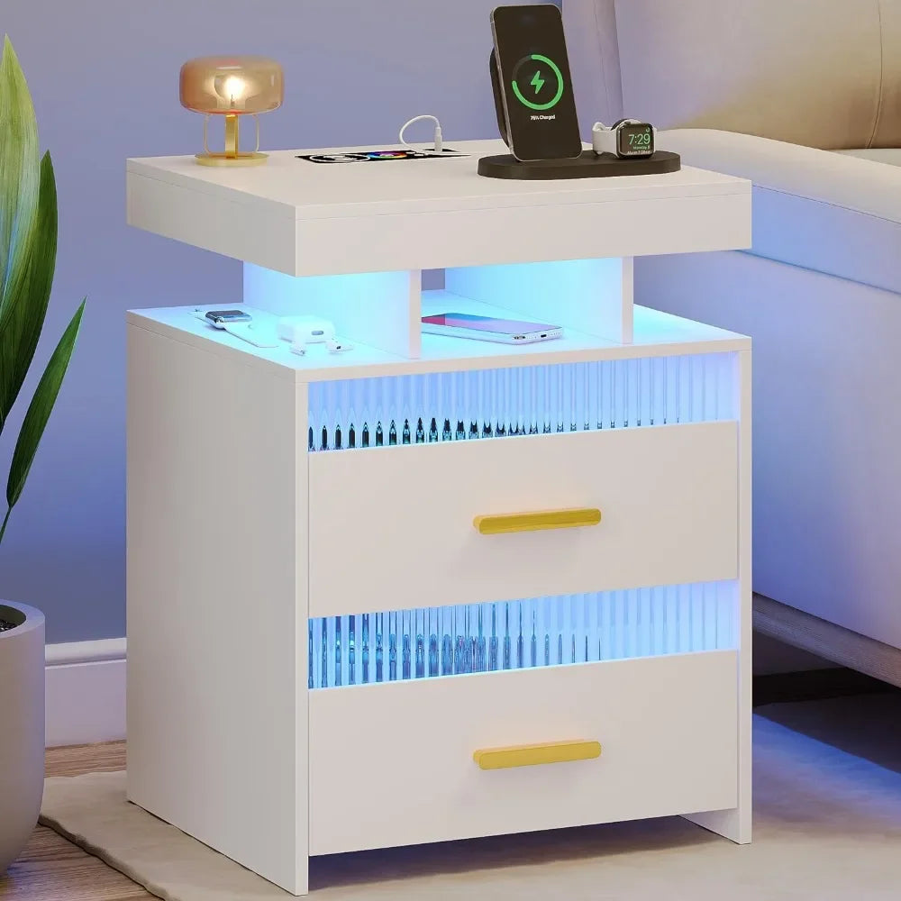 Table Smart Nightstand With Charging: Modern Night Stand With Drawers