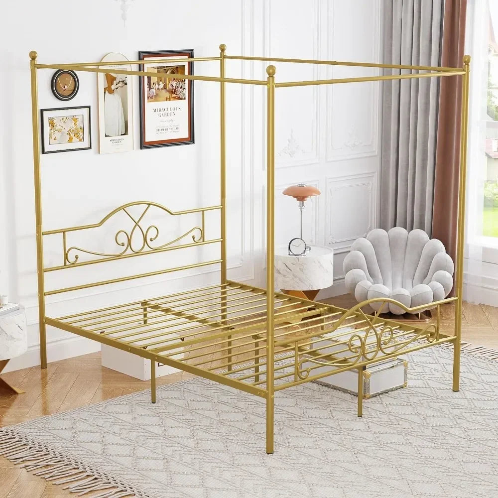 Queen - Size Canopy Bed Frame with Headboard and Footboard, Four Posters, Metal Canopy Bed Mattress Foundation Bed