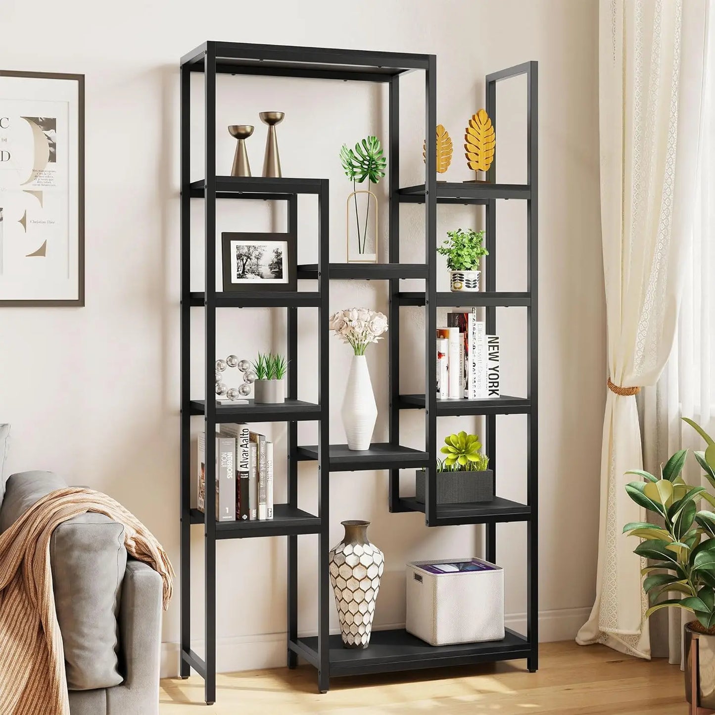 6 Tier Gold Bookshelf Home Decor Items 71” Tall Modern Free Standing Bookshelf With 12 Shelf Bookcase Room Wall