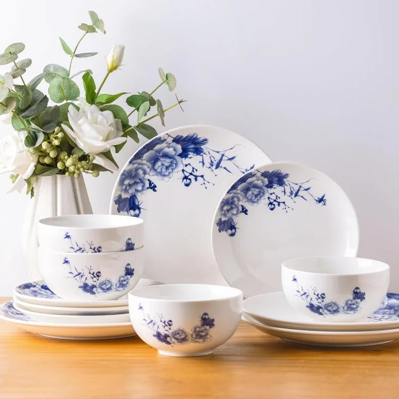 Ceramic Dinnerware Sets,Blue and White Plates and Bowls Set,Highly Chip and Crack Resistant | Dishwasher & Oven & Microwave