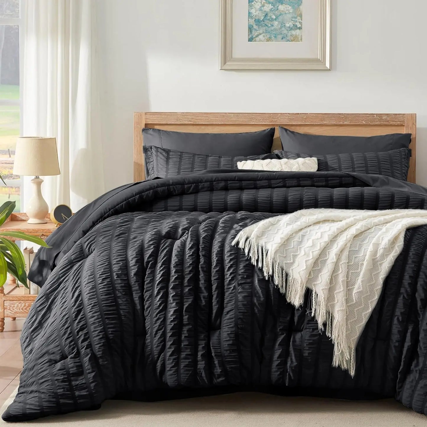 Bed Comforter Set - 7 Pieces All Season with Sheet, Lightweight Cozy Textured, Comforter, Sheets, Pillowcases & Shams, Bed Cover