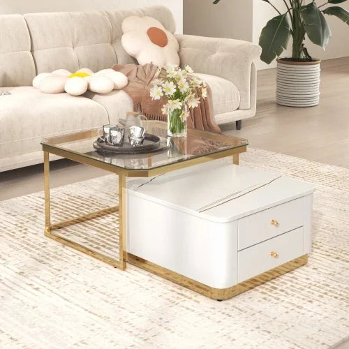 Café Tables, Modern 2 Piece White Round Nested Coffee Table with Drawers