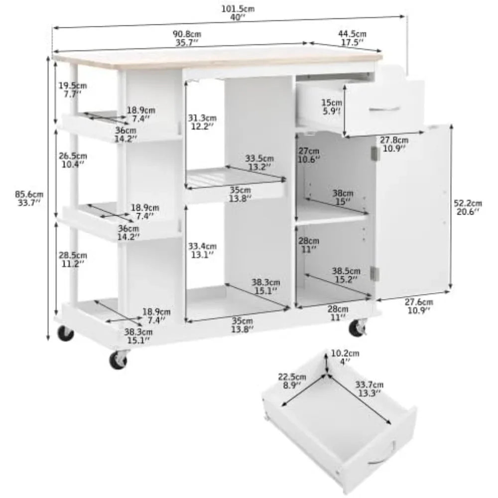 Rolling Mobile Kitchen Island with Drawers and Rubberwood Countertops