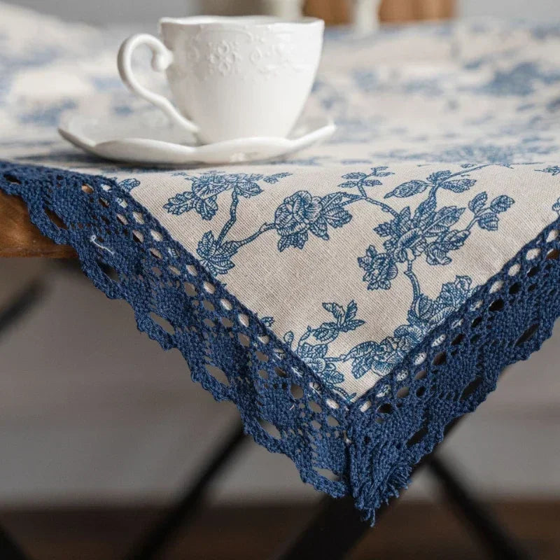 Gerring Linen Tablecloth Blue Rose Printed Garden Table Cover Household Lace Dcoration Table De Mariage Rustique Kitchen Cloths