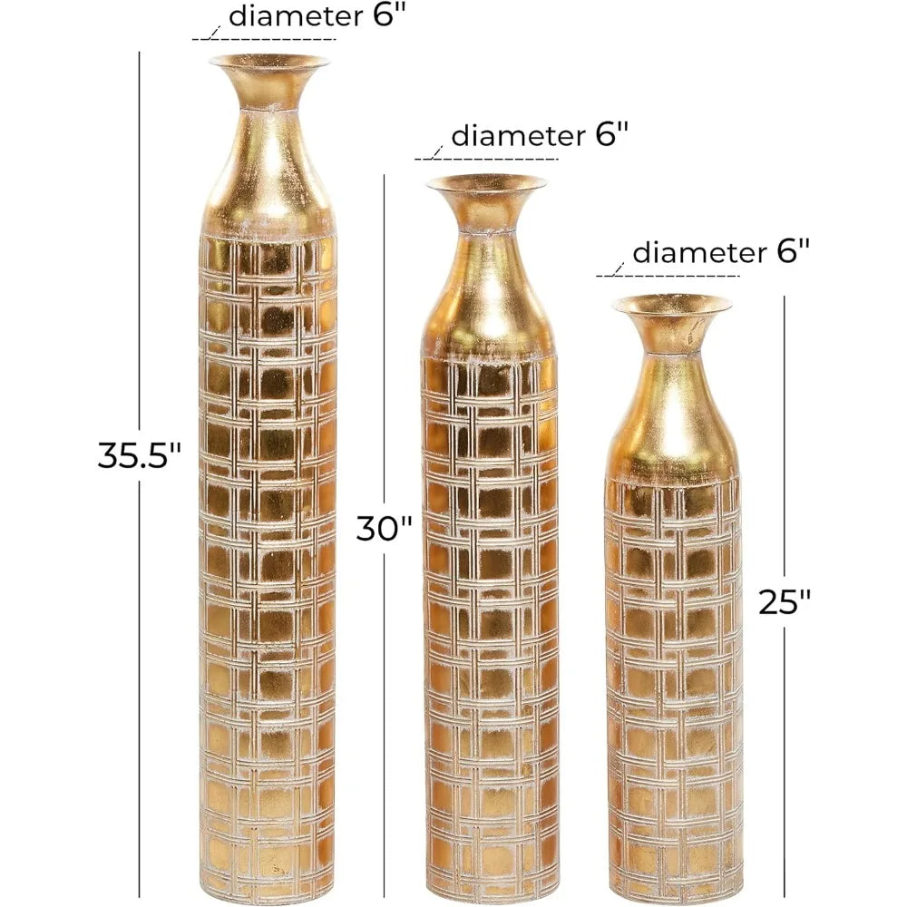 Gold Flower Vase Decoration Home Metal Tall Distressed Metallic Vase With Etched Grid Patterns Vases Set of 3