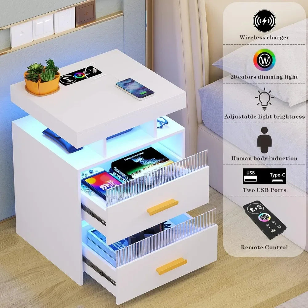 Table Smart Nightstand With Charging: Modern Night Stand With Drawers