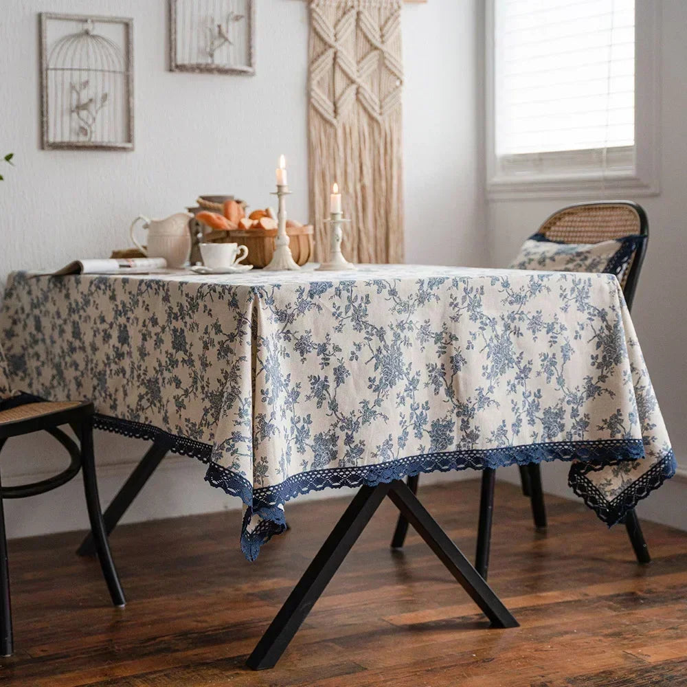 Gerring Linen Tablecloth Blue Rose Printed Garden Table Cover Household Lace Dcoration Table De Mariage Rustique Kitchen Cloths