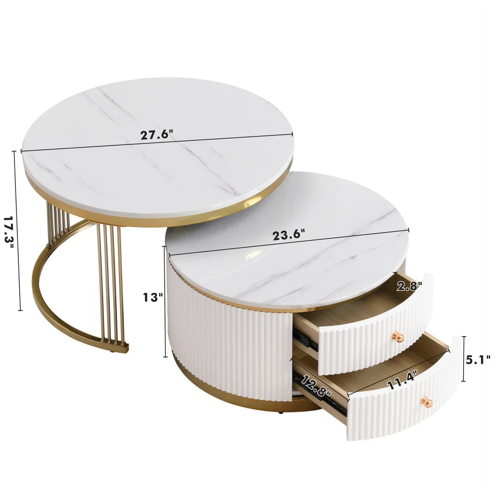 Café Tables, Modern 2 Piece White Round Nested Coffee Table with Drawers