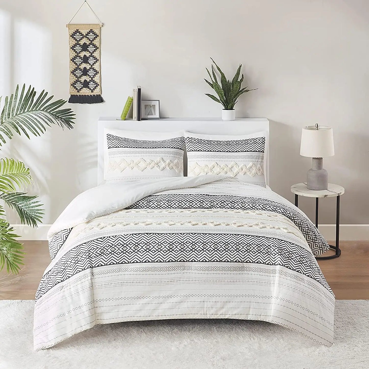 Queen Cotton Top with Modern Neutral Style Clipped Jacquard Stripes, 3-Pieces Including Pillow Shams, Bed Cover