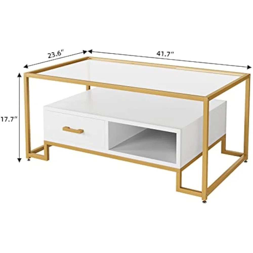 Coffee table tempered glass with 2 drawers and storage shelves