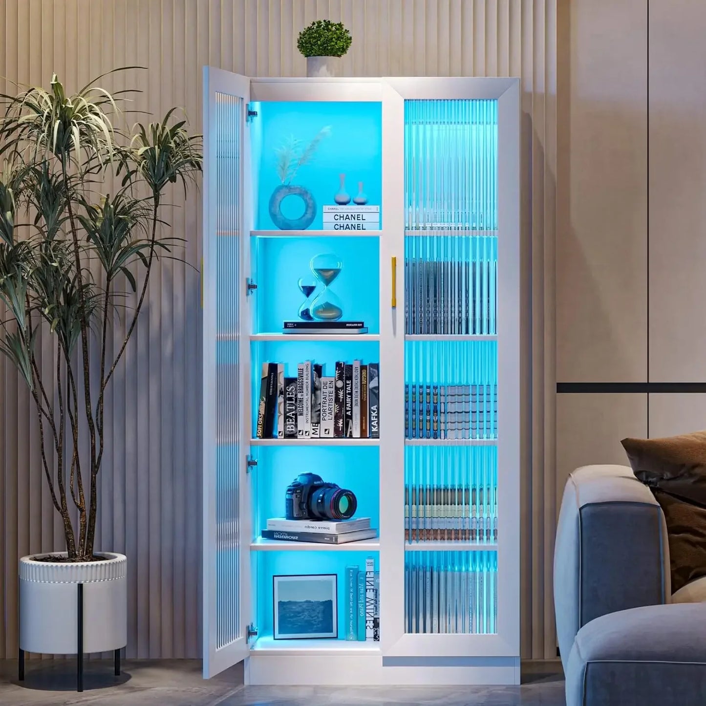 Glass Display with LED Lights, Curio Cabinet with 2 Doors and Tall Bookcase Modern Bookshelf, Kitchen Pantry Glass Display