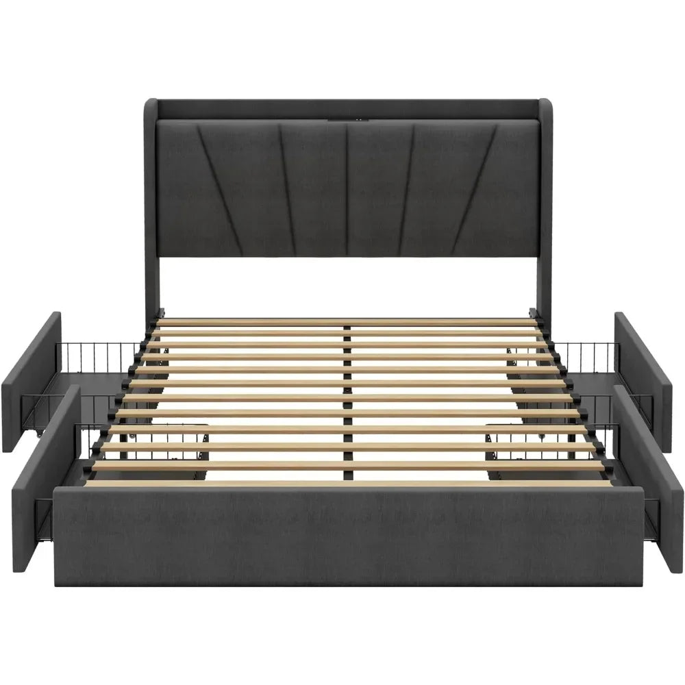 Full- Platform Bed with Storage Drawers and Outlets, Sturdy, Noiseless, Easy Assembly Bed Frame