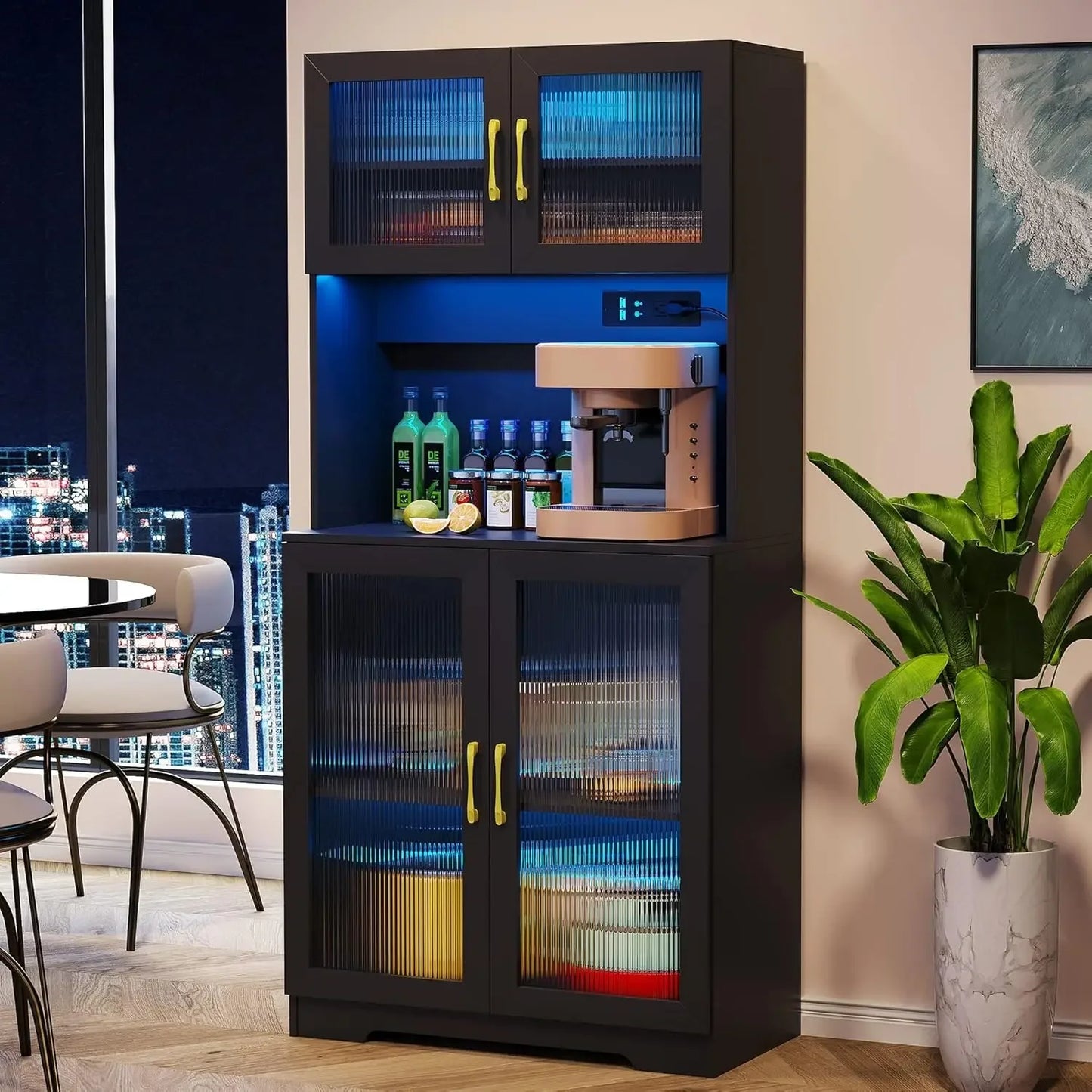 Glass Display with LED Lights, Curio Cabinet with 2 Doors and Tall Bookcase Modern Bookshelf, Kitchen Pantry Glass Display