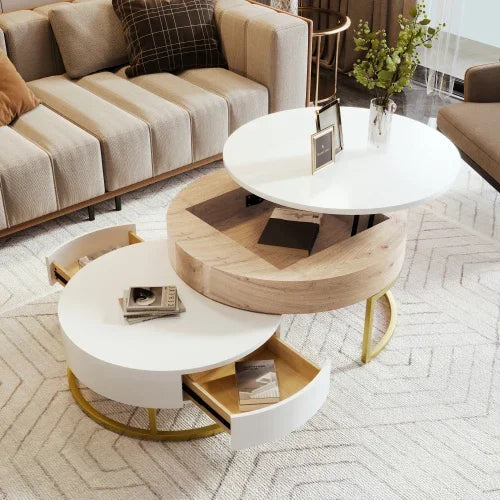 Café Tables, Modern 2 Piece White Round Nested Coffee Table with Drawers