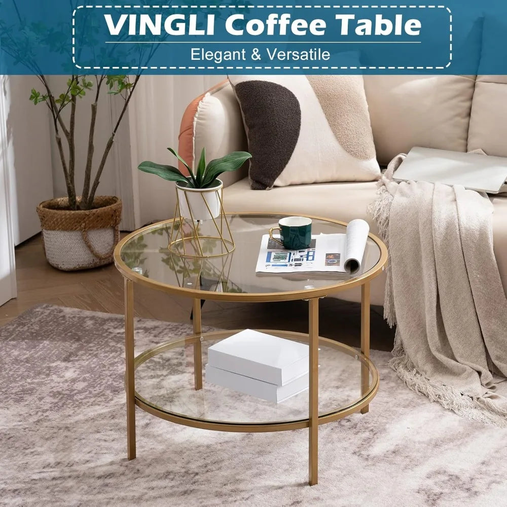 Round Gold Living Room Coffee Table with Storage Compartment Transparent Coffee