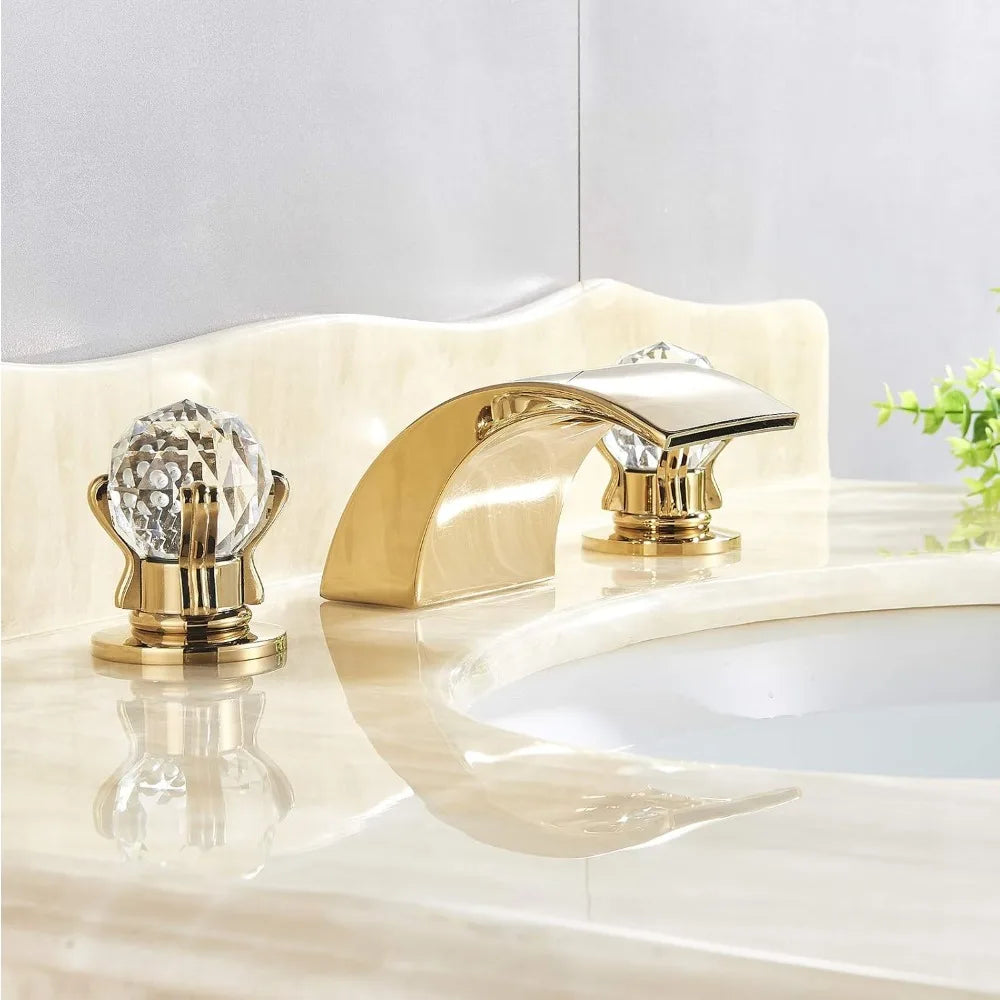 Waterfall Gold Polished Lavatory Faucets Basin Mixer Tap w/ Crystal Knobs