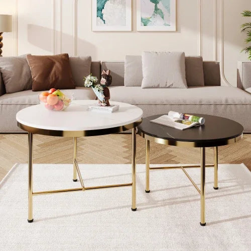 Café Tables, Modern 2 Piece White Round Nested Coffee Table with Drawers