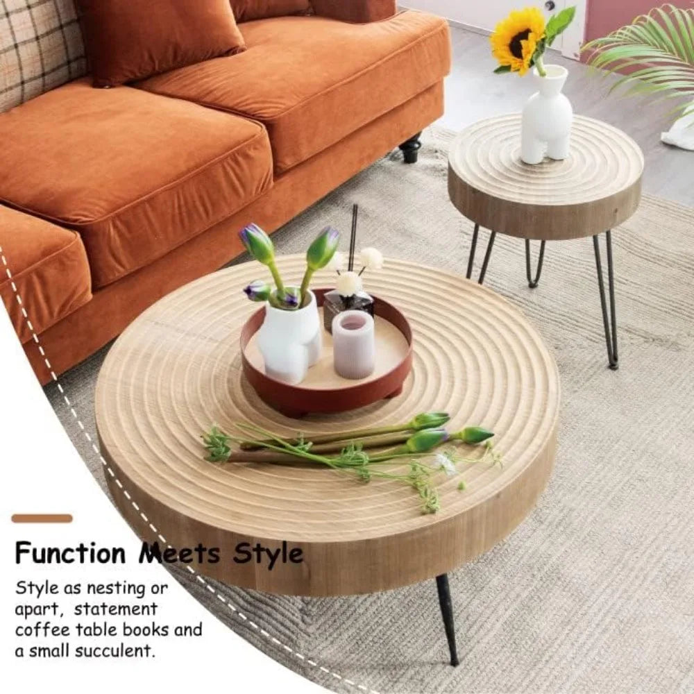 Tea Table with Handcrafted Wood Radial Pattern Living Room Sets, Easy To Assembly, 2-Piece Modern Farmhouse, Coffee Table