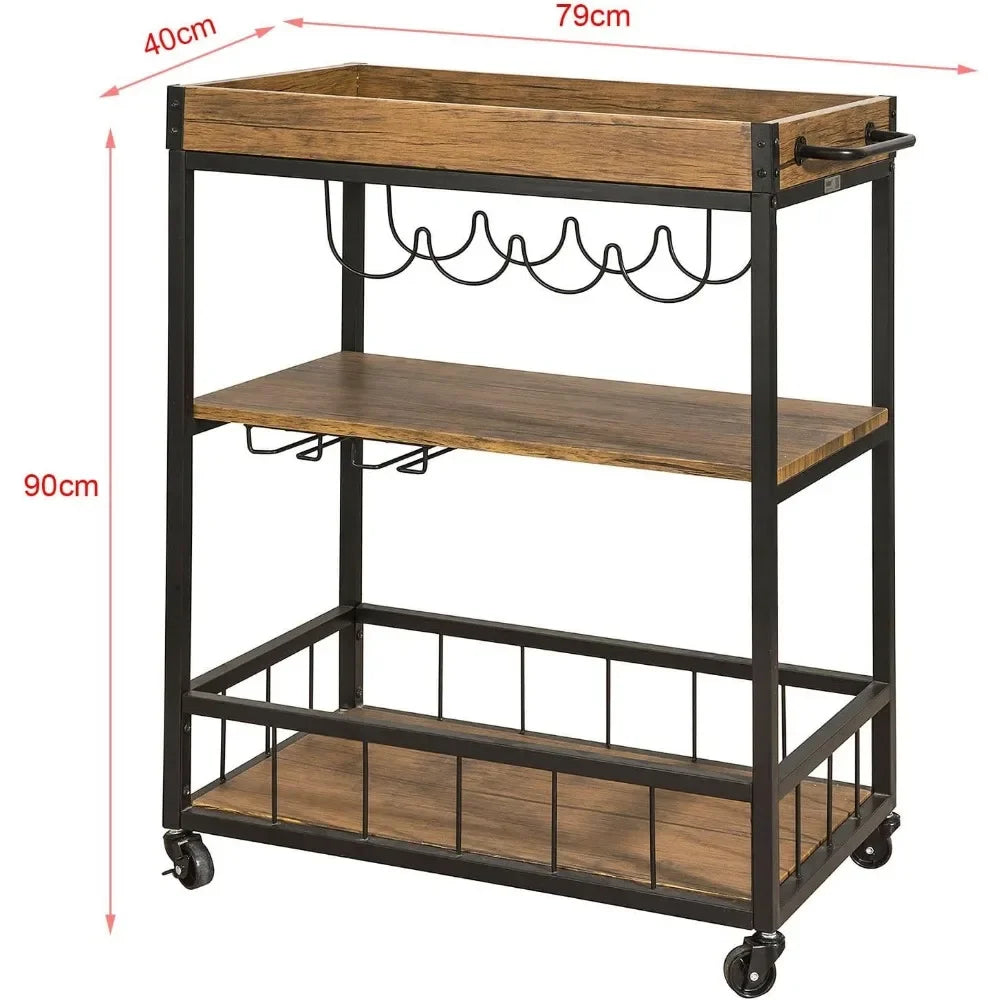 Kitchen Island, Mobile Kitchen Service Cart with Removable Tray, Industrial Vintage Style Wood Metal Kitchen