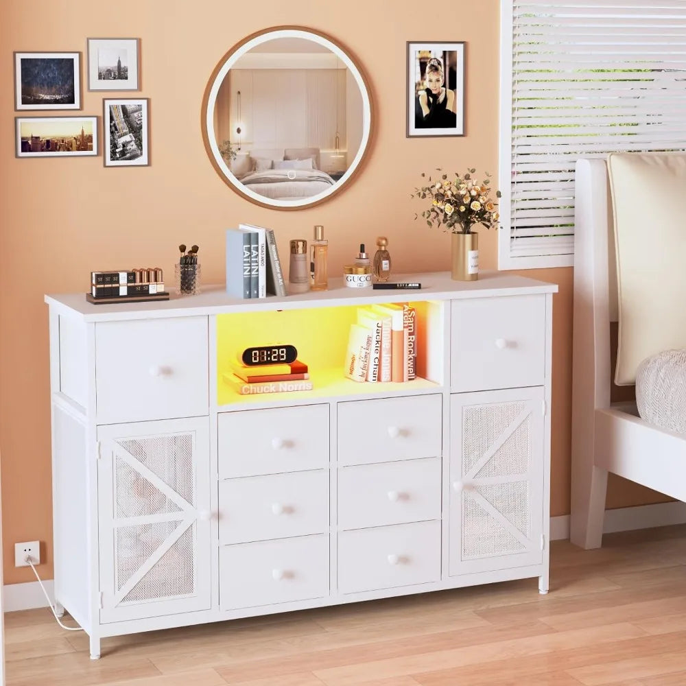 White Dresser for Bedroom with Charging Station and LED Lights