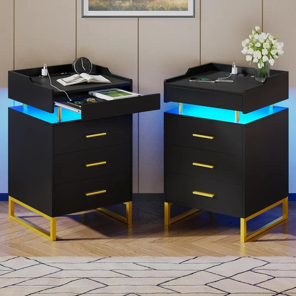 Modern End Table With Storage Home Furniture Bedside Table With LED Lights & Metal Legs Mobile Bedside Tables for the Bedroom