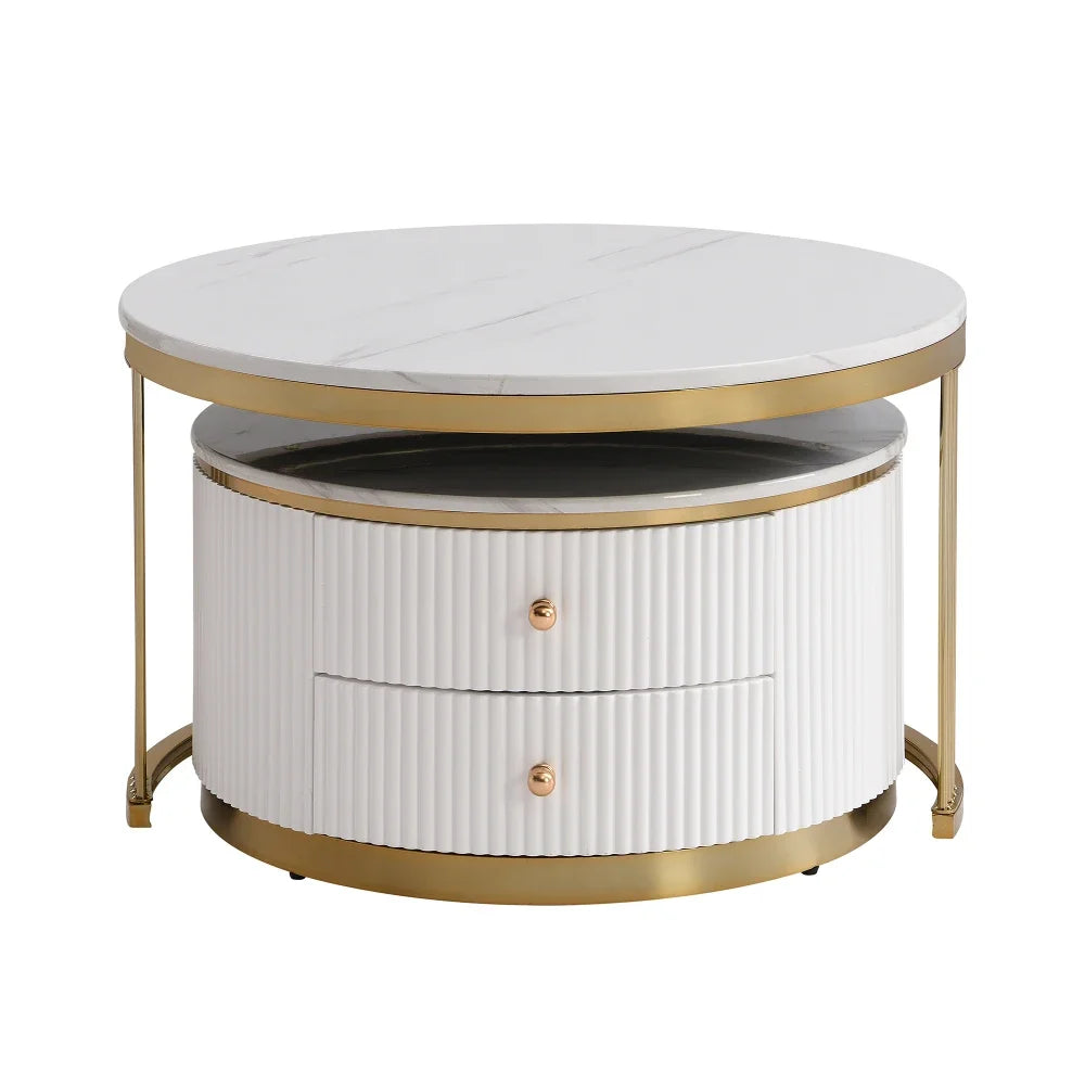 Café Tables, Modern 2 Piece White Round Nested Coffee Table with Drawers