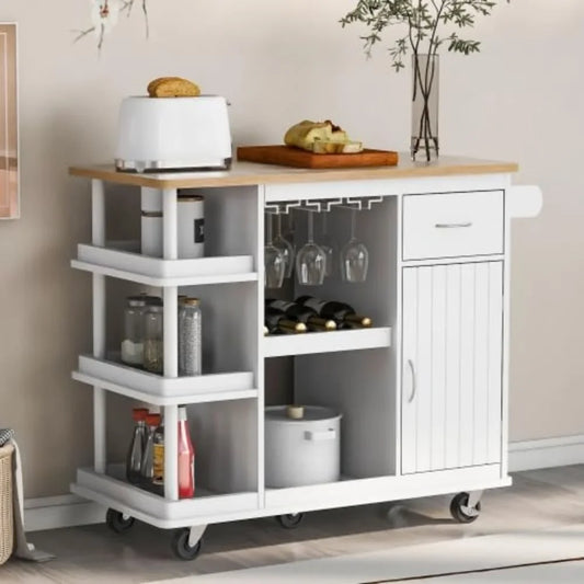 Rolling Mobile Kitchen Island with Drawers and Rubberwood Countertops