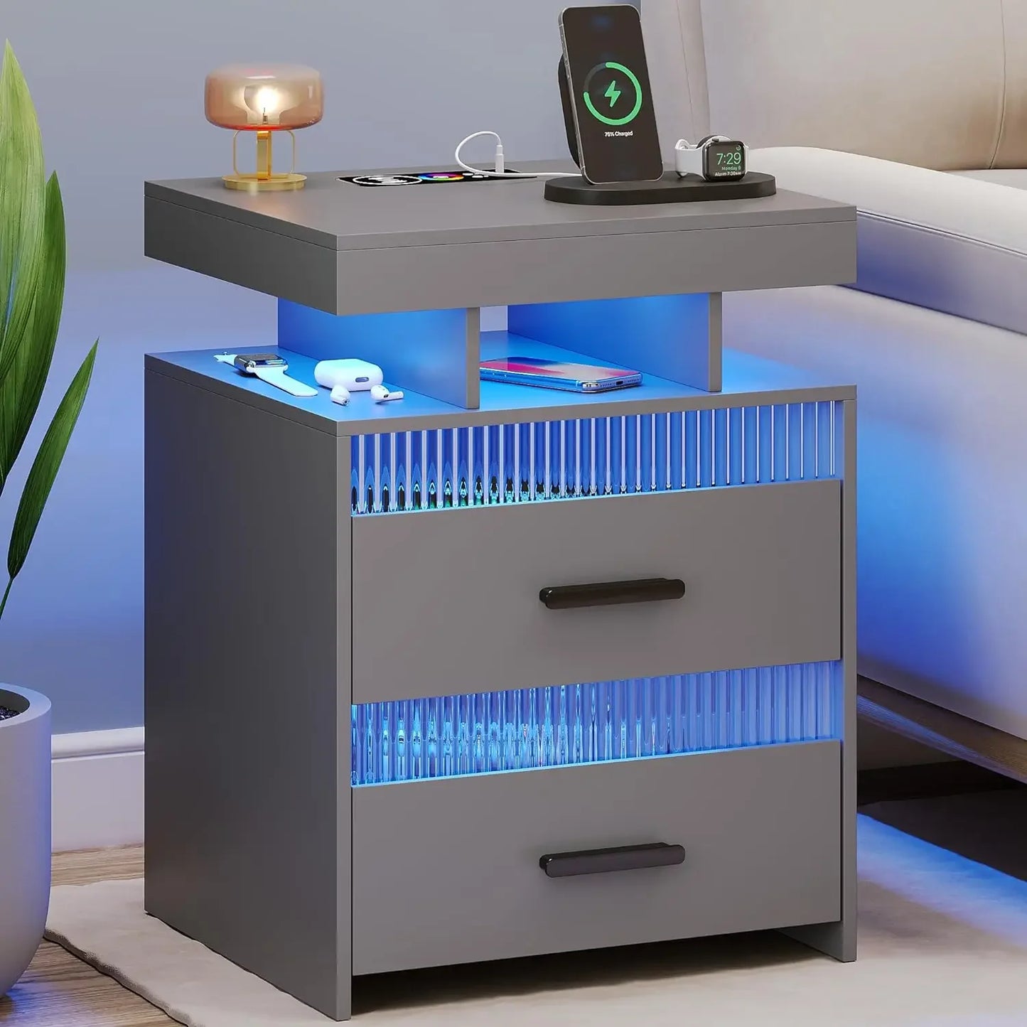 Table Smart Nightstand With Charging: Modern Night Stand With Drawers