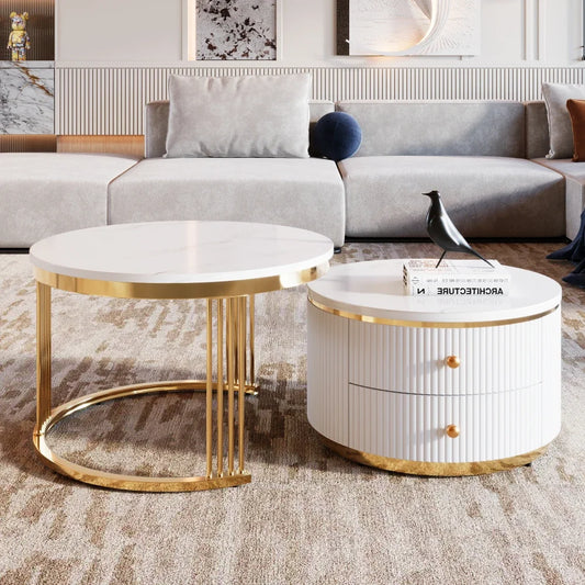 Café Tables, Modern 2 Piece White Round Nested Coffee Table with Drawers