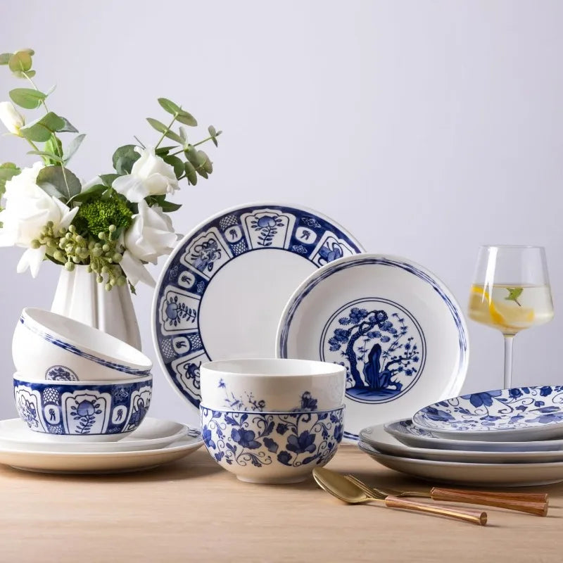 Ceramic Dinnerware Sets,Blue and White Plates and Bowls Set,Highly Chip and Crack Resistant | Dishwasher & Oven & Microwave