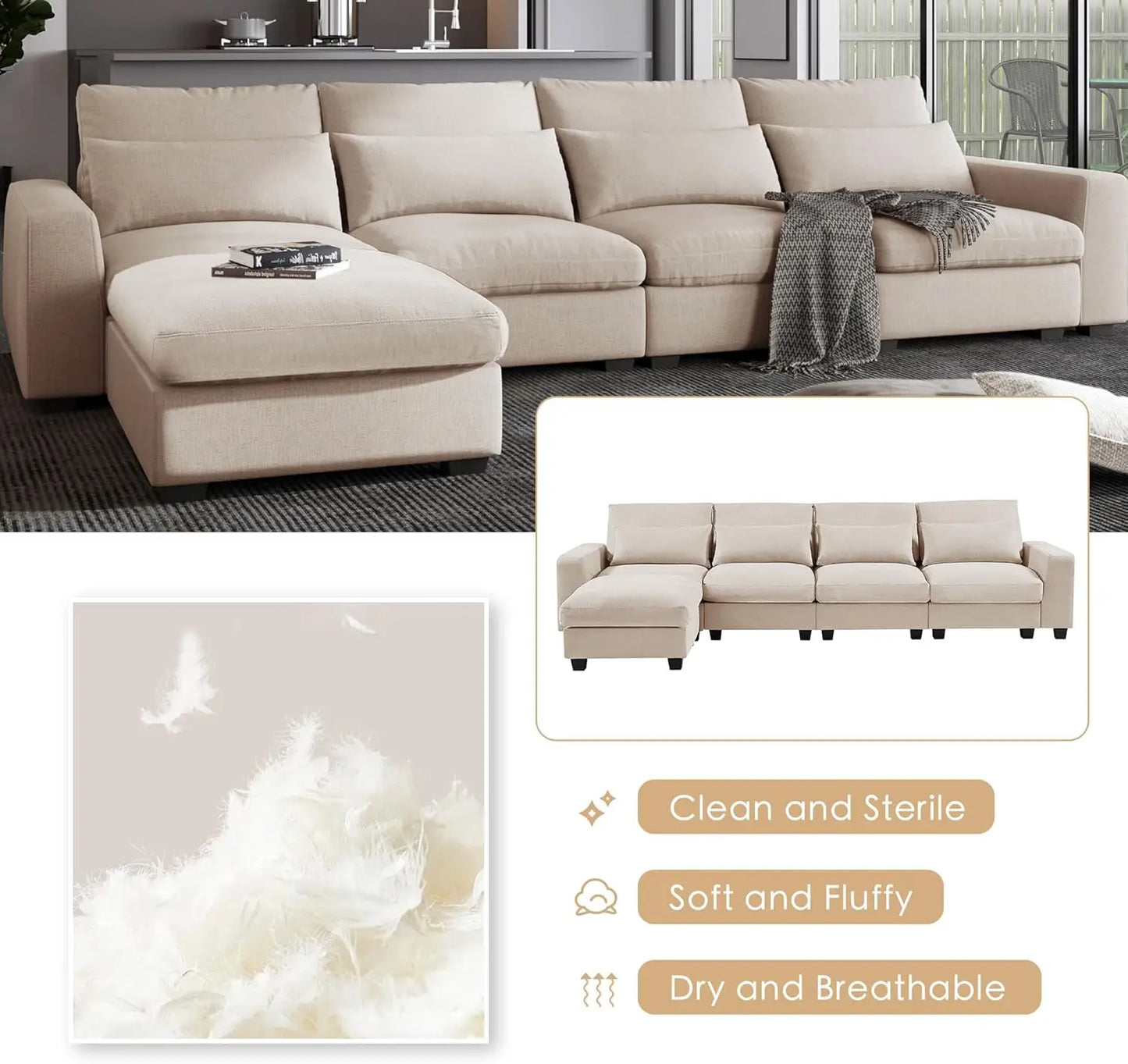 L Shaped Sectional Living Room Sofa Set,Convertible Couch with Reversible Chaise