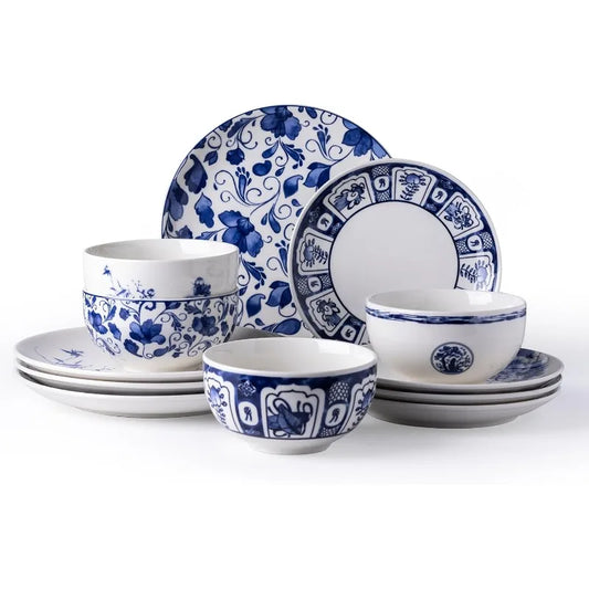 Ceramic Dinnerware Sets,Blue and White Plates and Bowls Set,Highly Chip and Crack Resistant | Dishwasher & Oven & Microwave