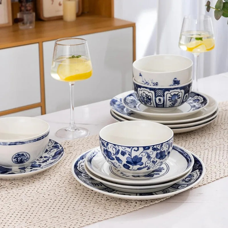 Ceramic Dinnerware Sets,Blue and White Plates and Bowls Set,Highly Chip and Crack Resistant | Dishwasher & Oven & Microwave