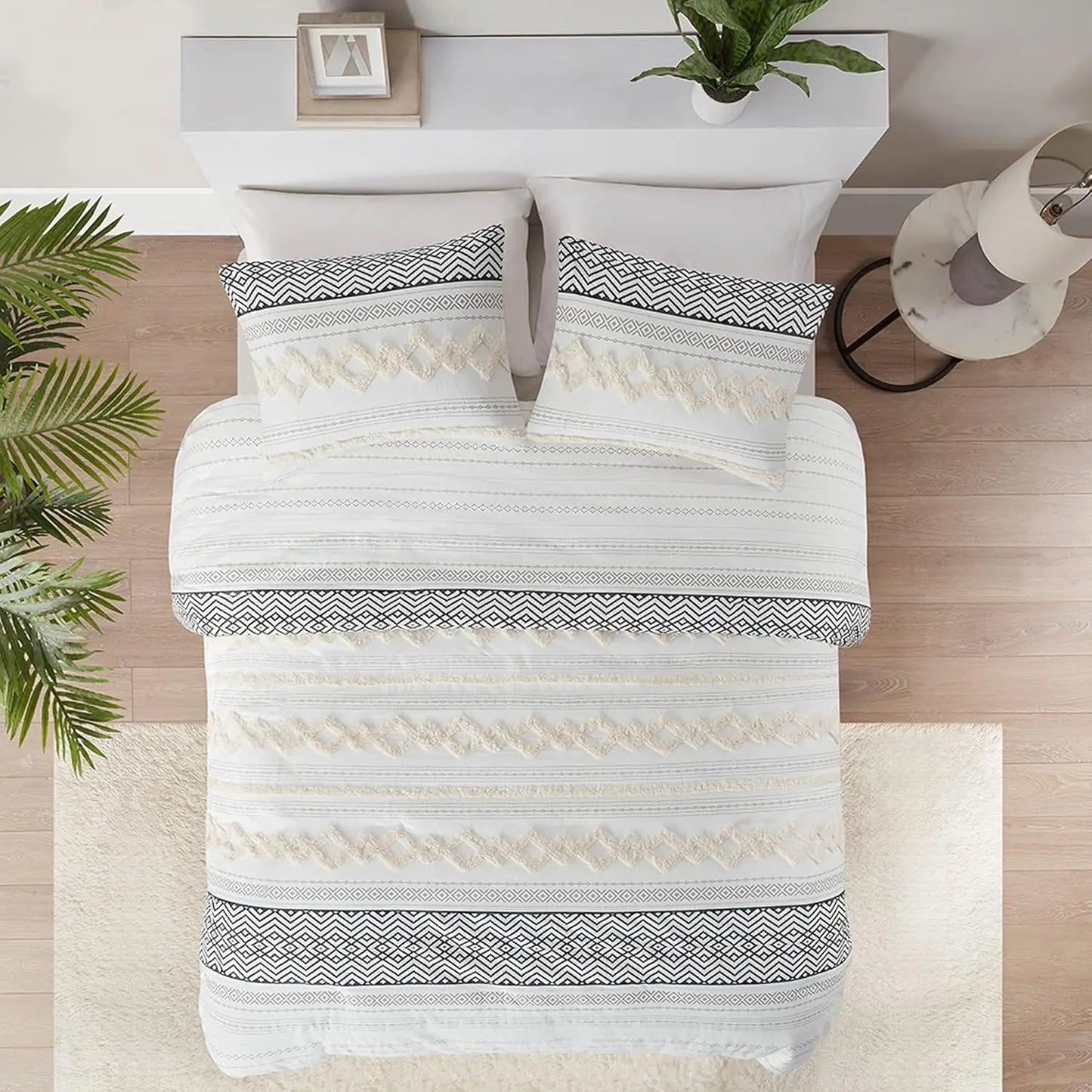 Queen Cotton Top with Modern Neutral Style Clipped Jacquard Stripes, 3-Pieces Including Pillow Shams, Bed Cover