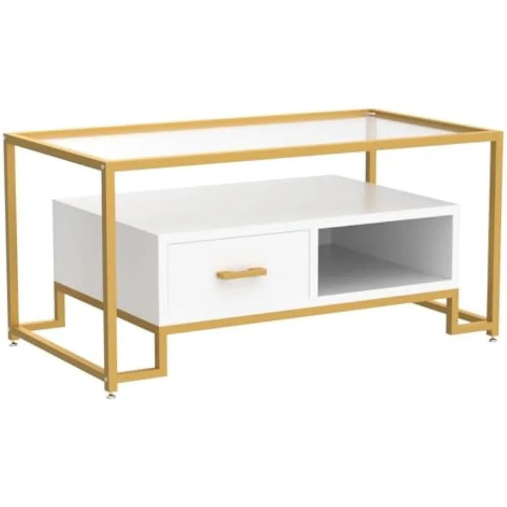 Coffee table tempered glass with 2 drawers and storage shelves