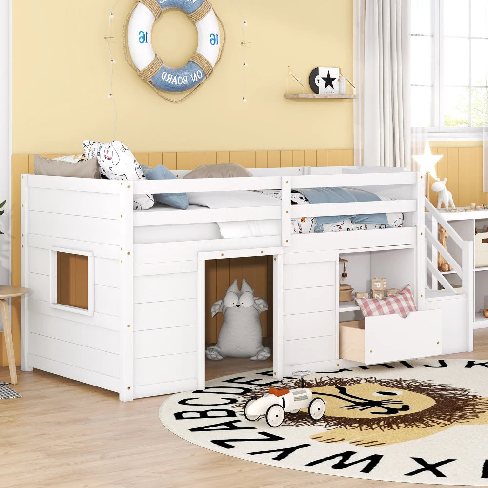 SOLID WOOD TWIN SIZE LOW LOFT BED WITH STAIR, DRAWER, AND SHELF OF WHITE COLOR