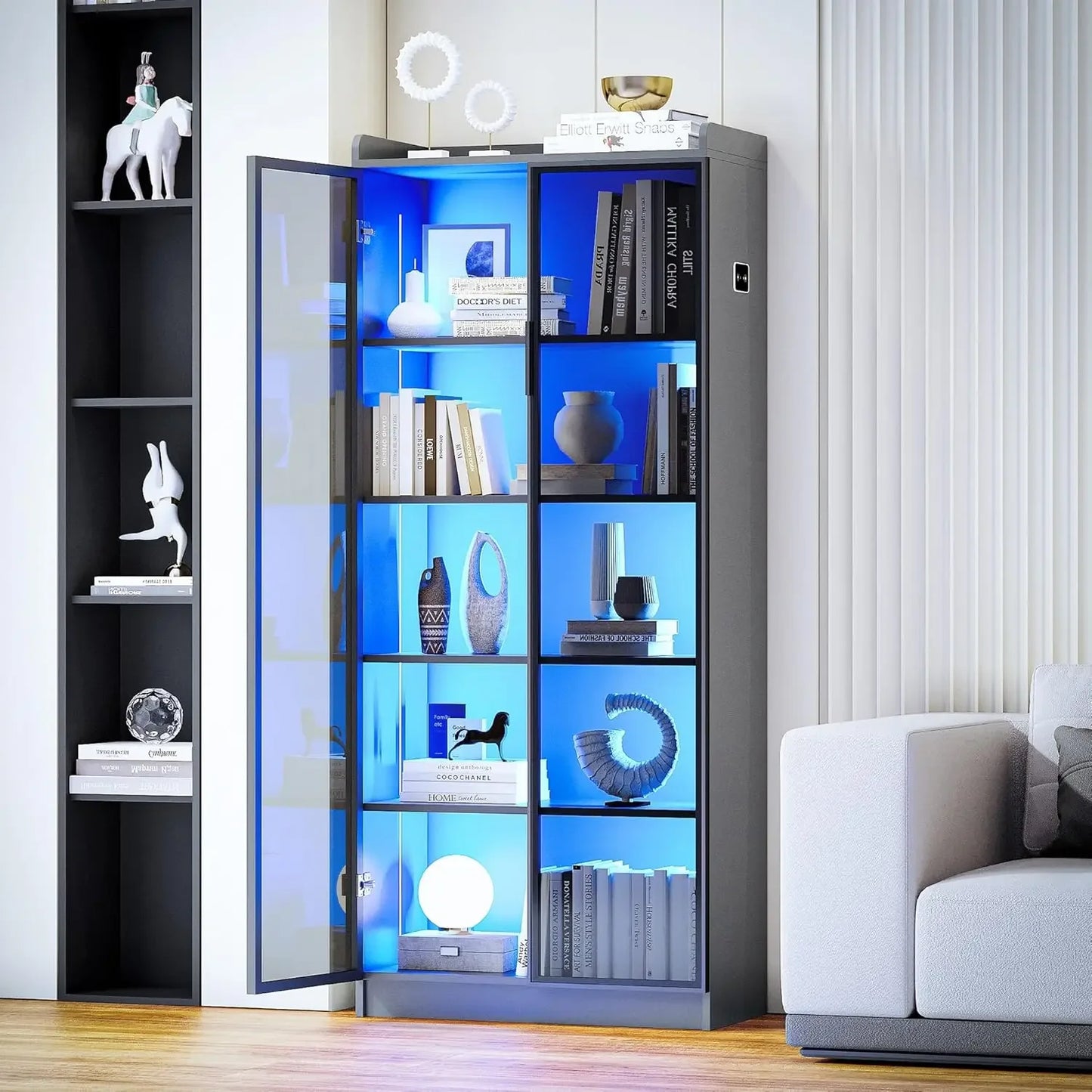 LED Bookcase with Human Sensor 3-Color Lights, 5-Tier Curio Storage,Glass Display