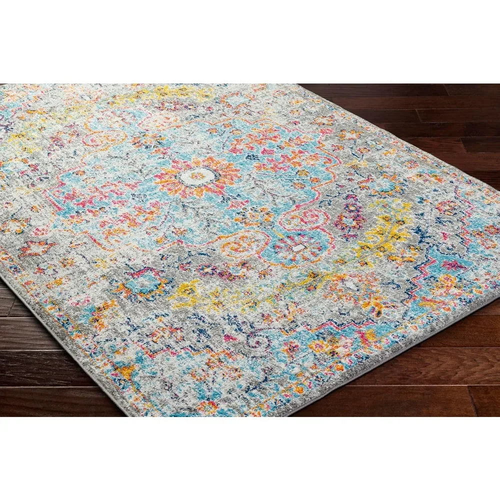 Vintage Bohemian Area Rug for High Traffic Areas, Aqua Non-Shedding and Easy Care Carpet