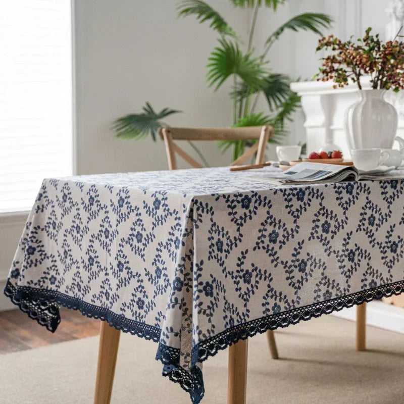 Gerring Linen Tablecloth Blue Rose Printed Garden Table Cover Household Lace Dcoration Table De Mariage Rustique Kitchen Cloths