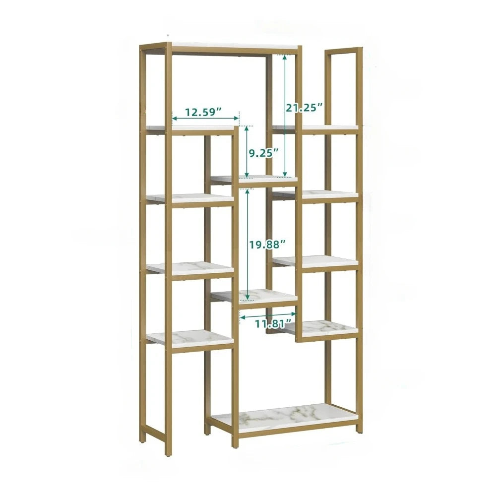 6 Tier Gold Bookshelf Home Decor Items 71” Tall Modern Free Standing Bookshelf With 12 Shelf Bookcase Room Wall