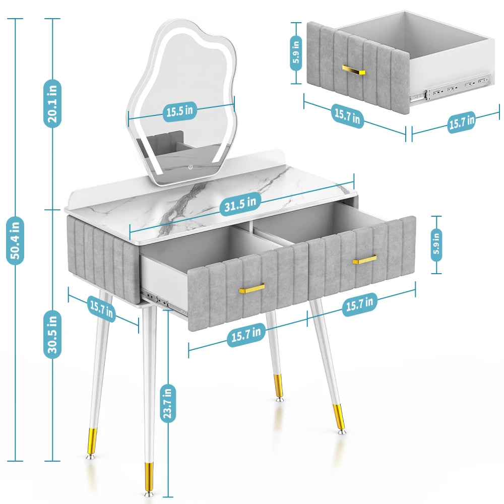 Pre-Assembled Dressing Table Body 3 Lighting Colors Touch Dimming Mirror