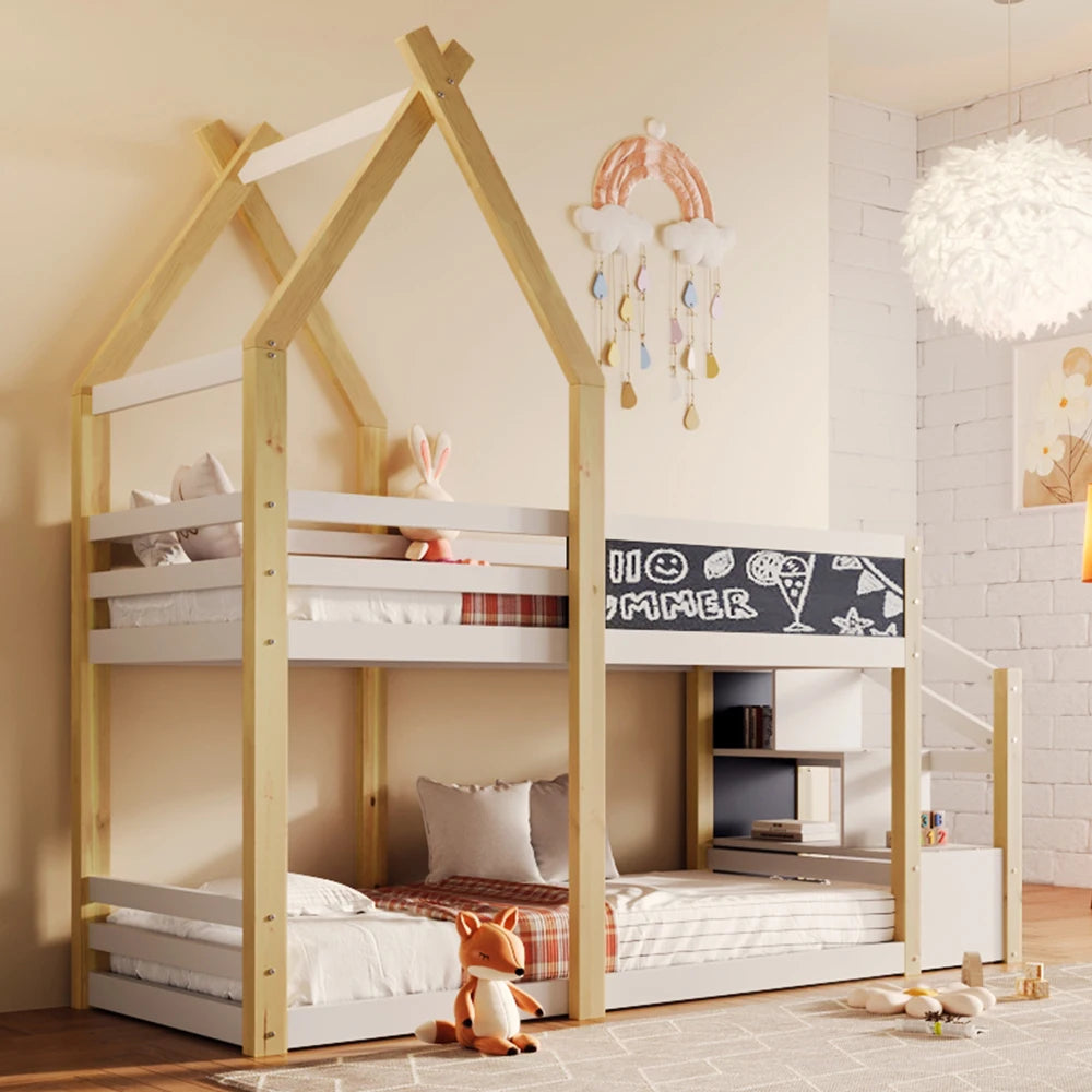 Twin over Twin House Bunk Bed with White Storage Staircase and Blackboard, White and Natural,Beds